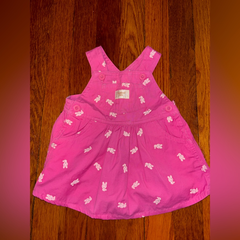 Oshkosh Bgosh Baby Girls Vestbak Overall Dress Jumper Sz 0-3 Pink Bunny Easter